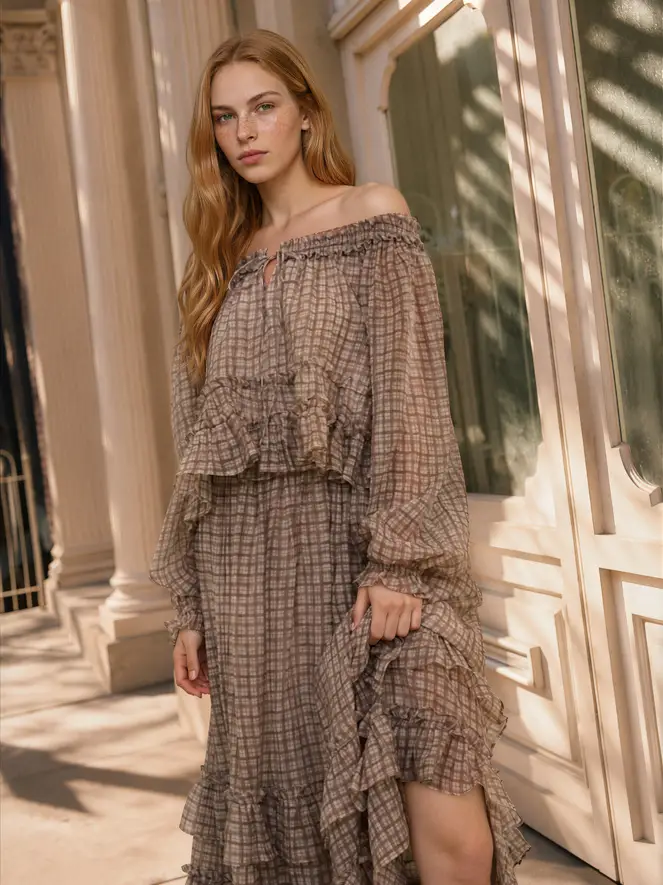 Plaid off-shoulder ruffled maxi dress with billowy sleeves and tiered ruffled hem