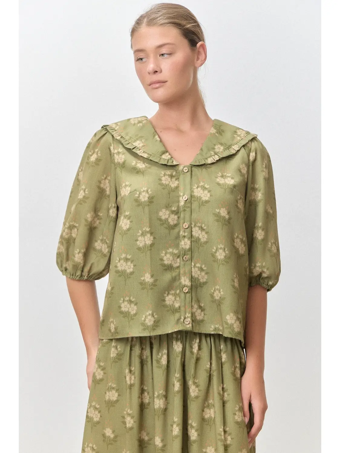 Sage green floral Peter Pan collar top with ruffle trim, button front, and puff sleeves