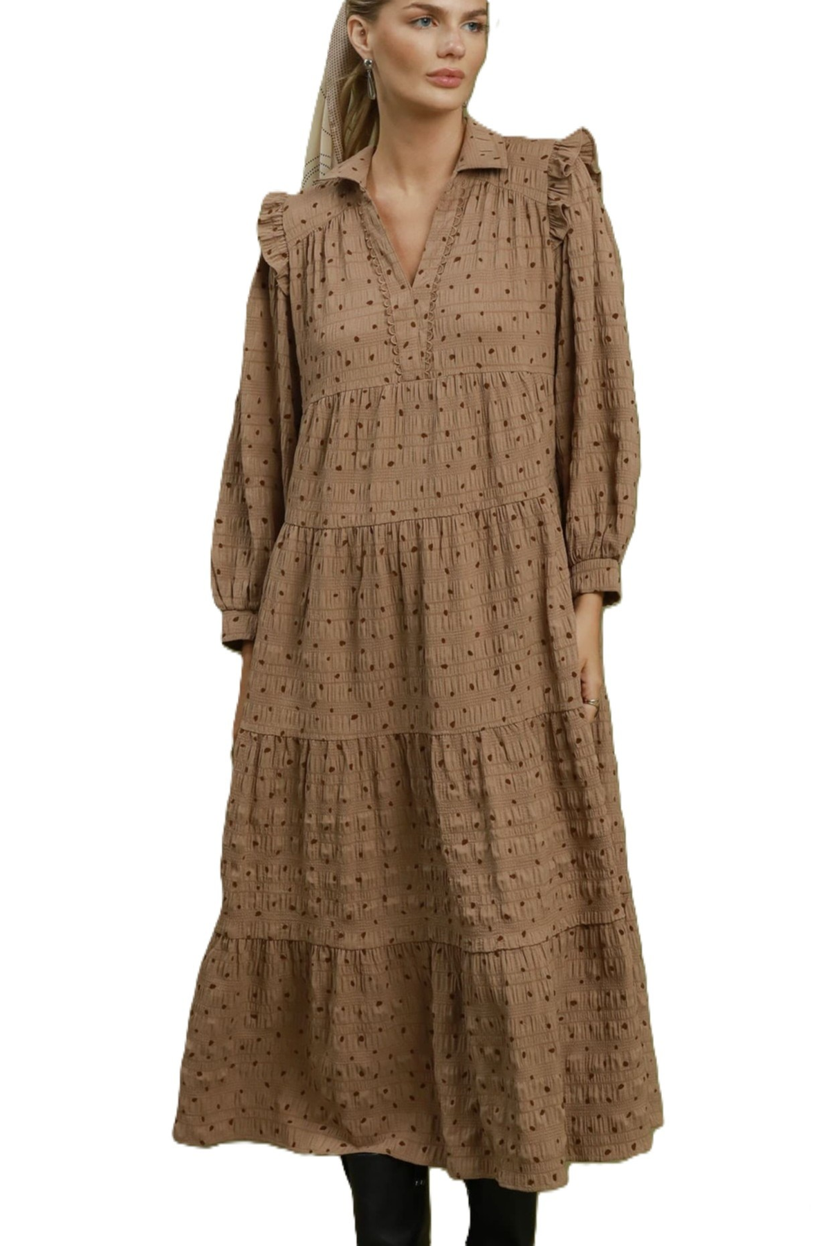 Mocha brown polka dot maxi dress with a collared V-neck, ruffle shoulders, long sleeves, and a tiered skirt