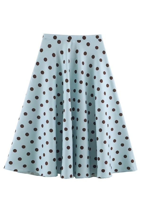 Sky blue polka dot A-line midi skirt, high-waisted with full flare