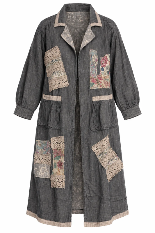 Charcoal-gray longline duster with floral patchwork, cream lace accents, contrast trim, long sleeves, and two front patch pockets.