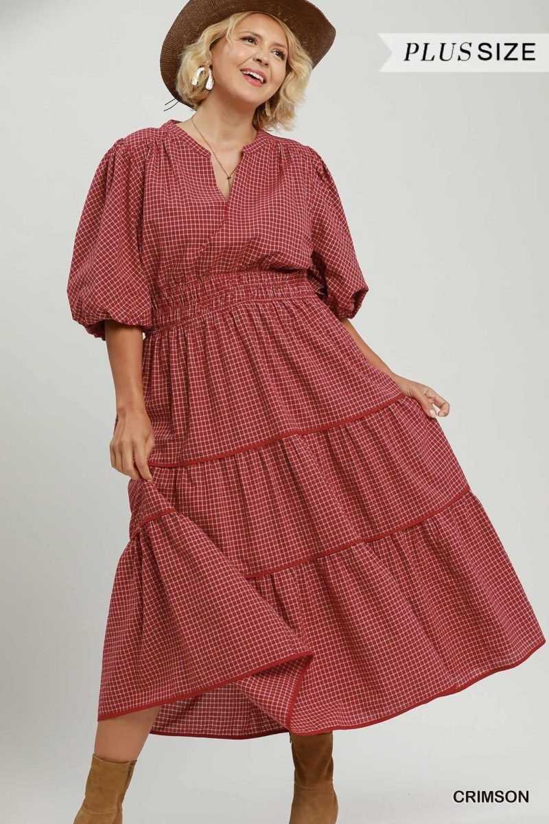 Plus size checked tiered midi dress in Crimson with puff sleeves and smocked waist