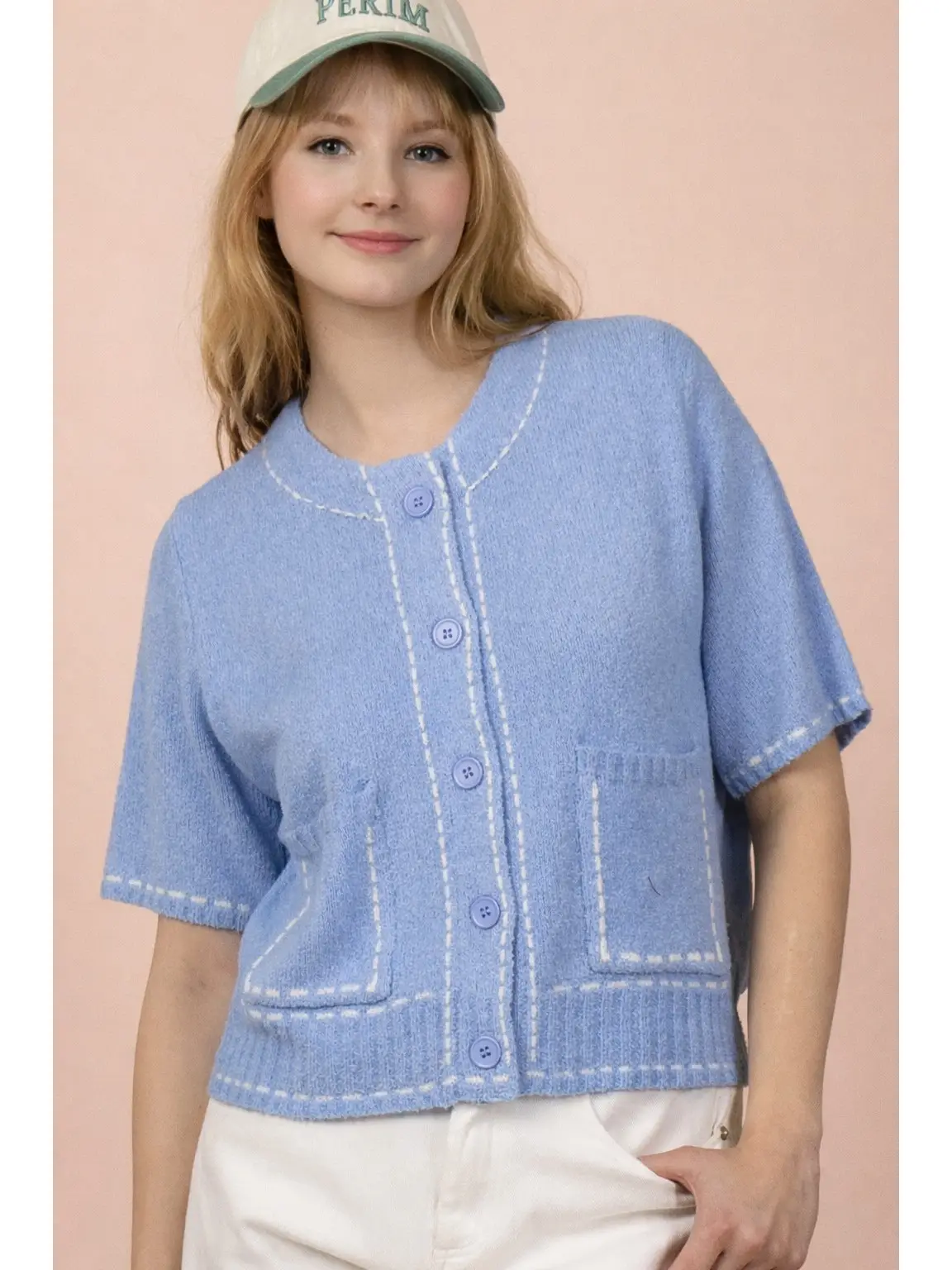 Sky blue contrast-stitch button-front knit top with short sleeves and patch pockets