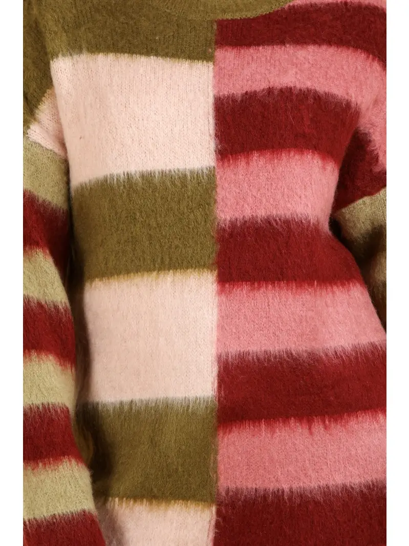 Berry, olive, blush, and cream color-block knit sweater with plaid-inspired pattern