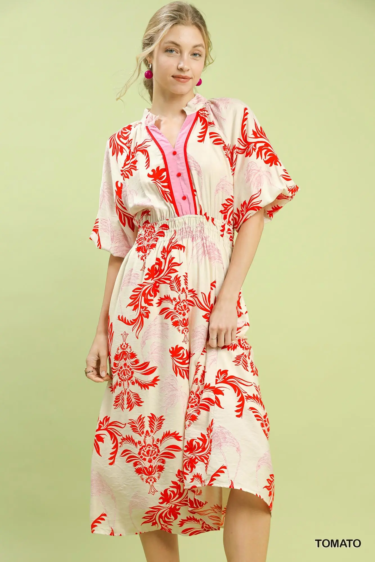 Tomato red botanical print midi dress with pink button placket and gathered waist