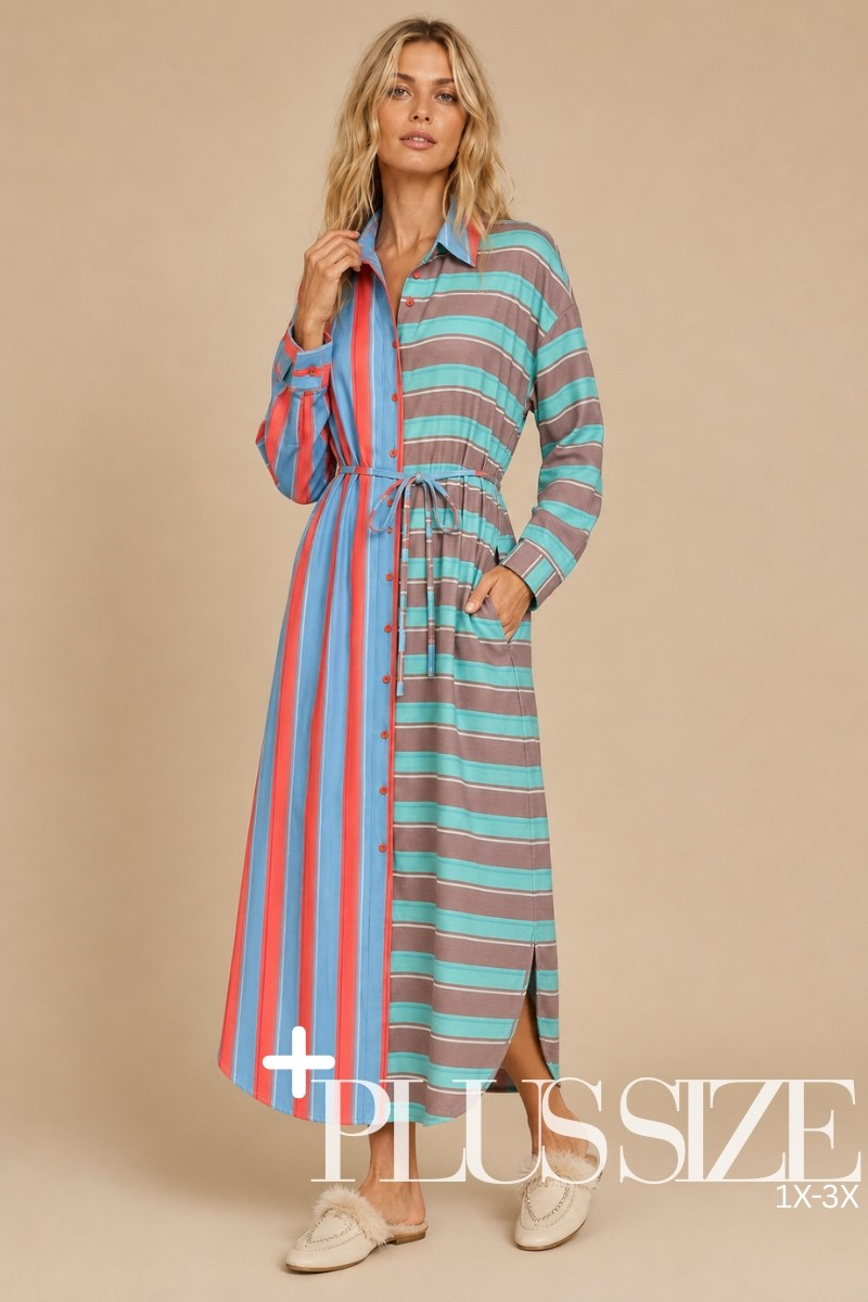 Model wearing a teal, mauve, ivory, coral, and blue mixed-stripe maxi shirt dress with a button front and self-tie waist