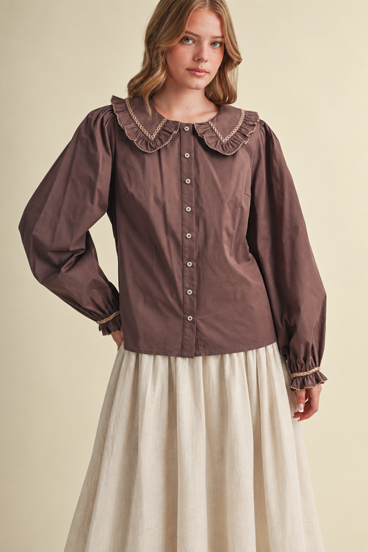 Mocha Ruffled Peter Pan Collar Blouse