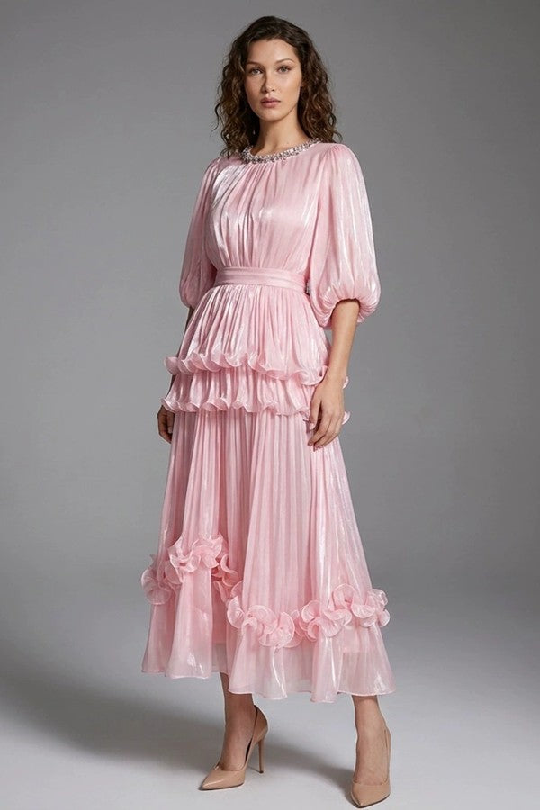 Blush Ruffle Pleated Midi Dress
