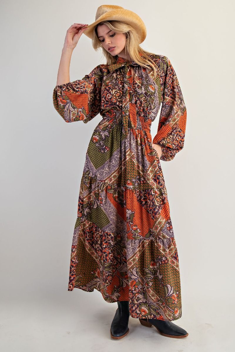 Maxi Dress in Coral Coffee and Midnight Olive