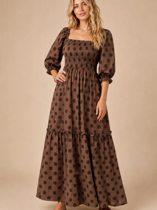 Chocolate Polka Dot Smocked Tiered Maxi Dress