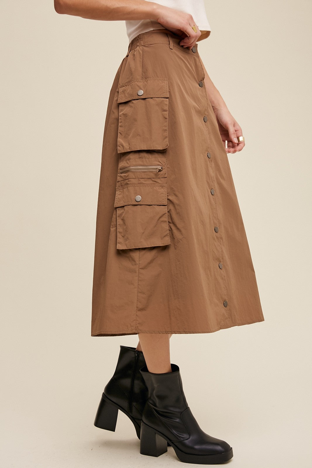 On the Move Button-Front Cargo Midi Skirt