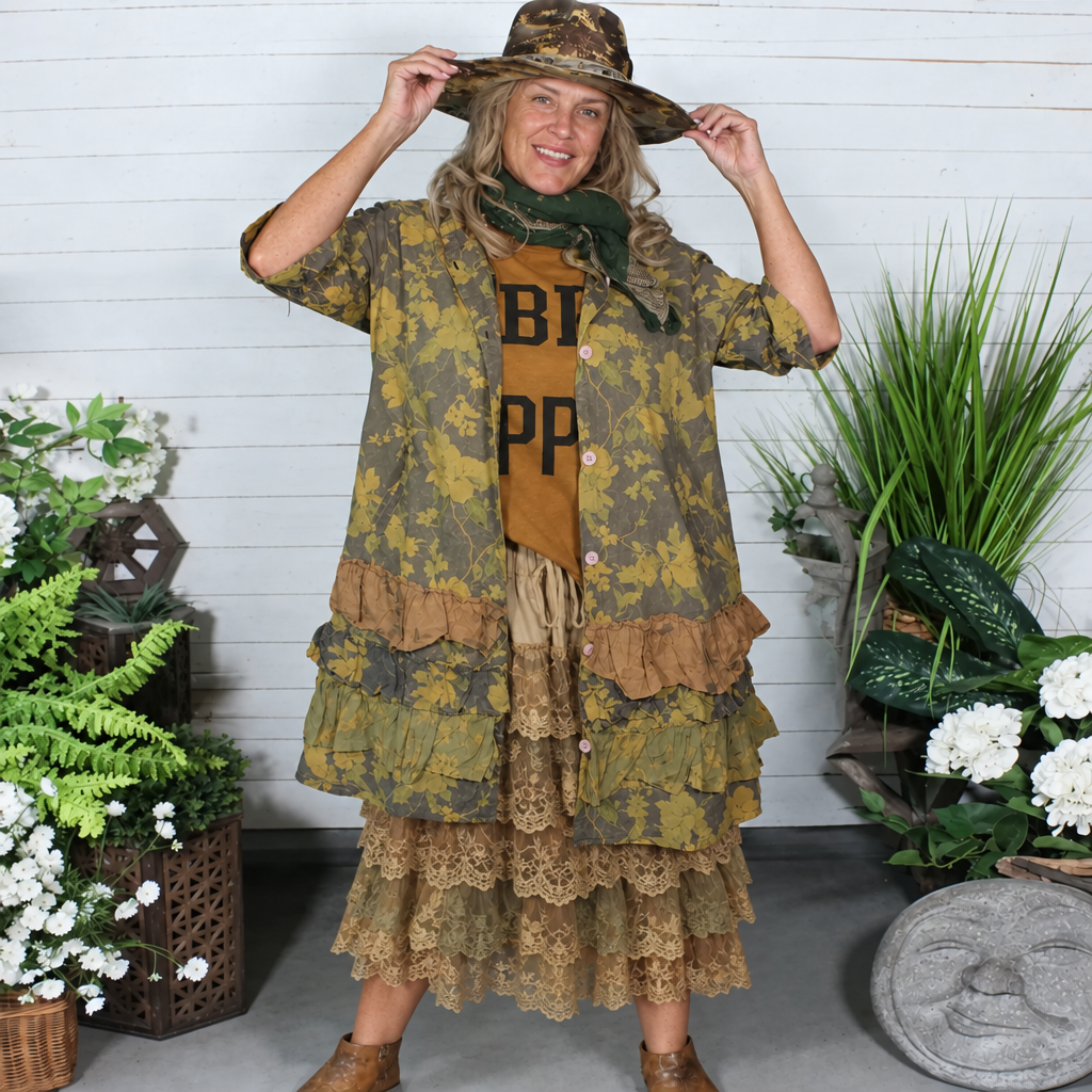 Model in a lace slip skirt instead of lace pants