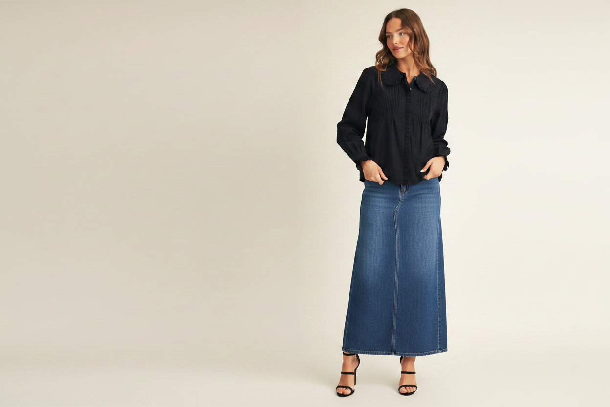 Black Pintuck Ruffle Collar Button-Down Blouse