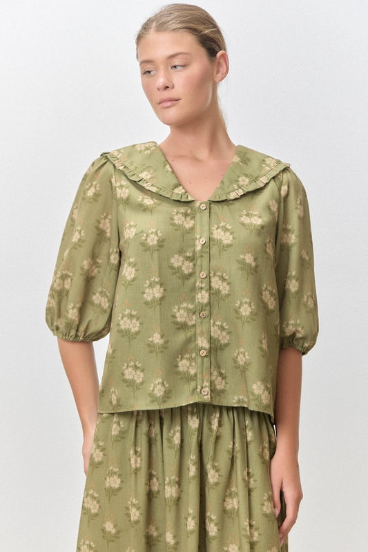 Sage Green Floral Two-Piece Set Peter Pan Top