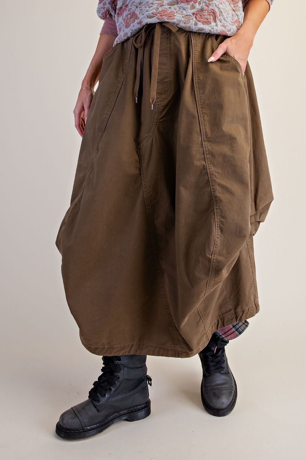 Olive Draped Gathered Midi Skirt