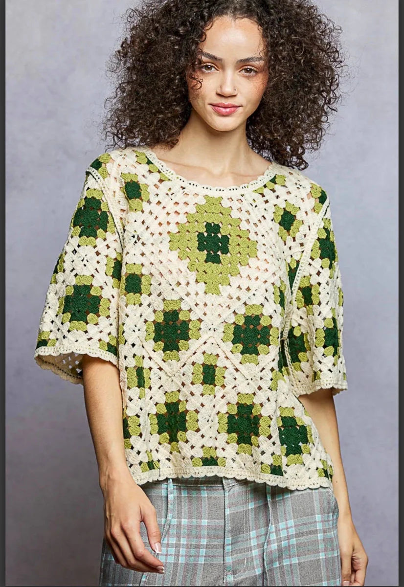 Olive Multi Crochet Floral Top