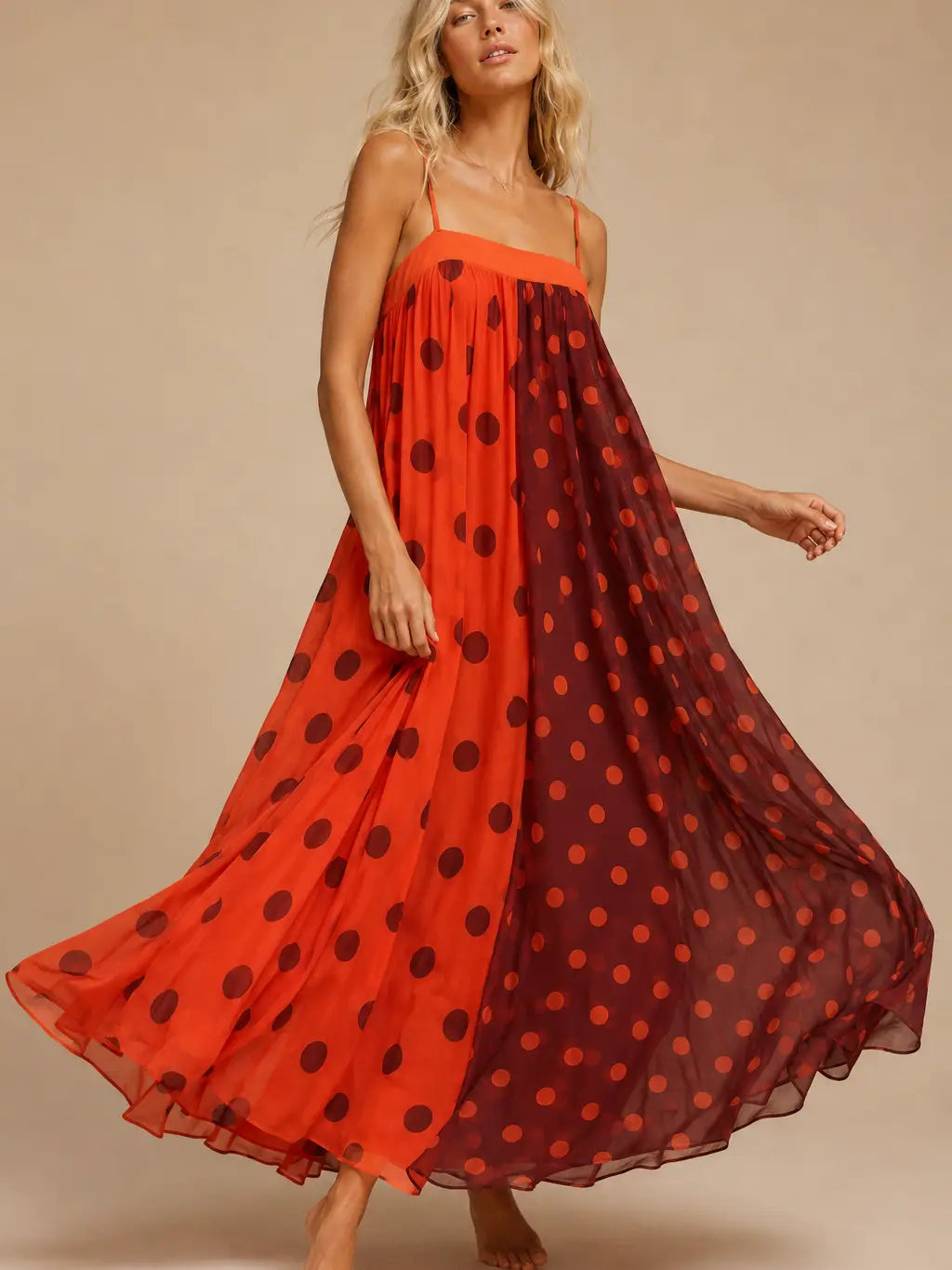 Orange & Burgundy Polka-Dot Color-Block Maxi Dress