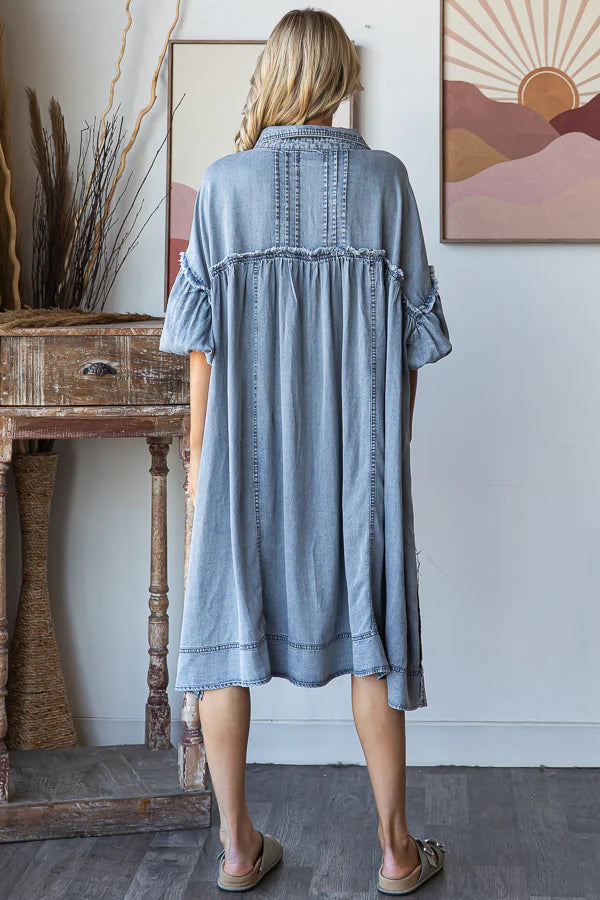 BUBBLE SHORT SLEEVE TENCEL SHIRT MIDI DRESS
