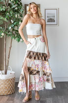 WASHED PLAID FLOWER PATCHWORK MAXI SKIRT >> WITH SPLIT