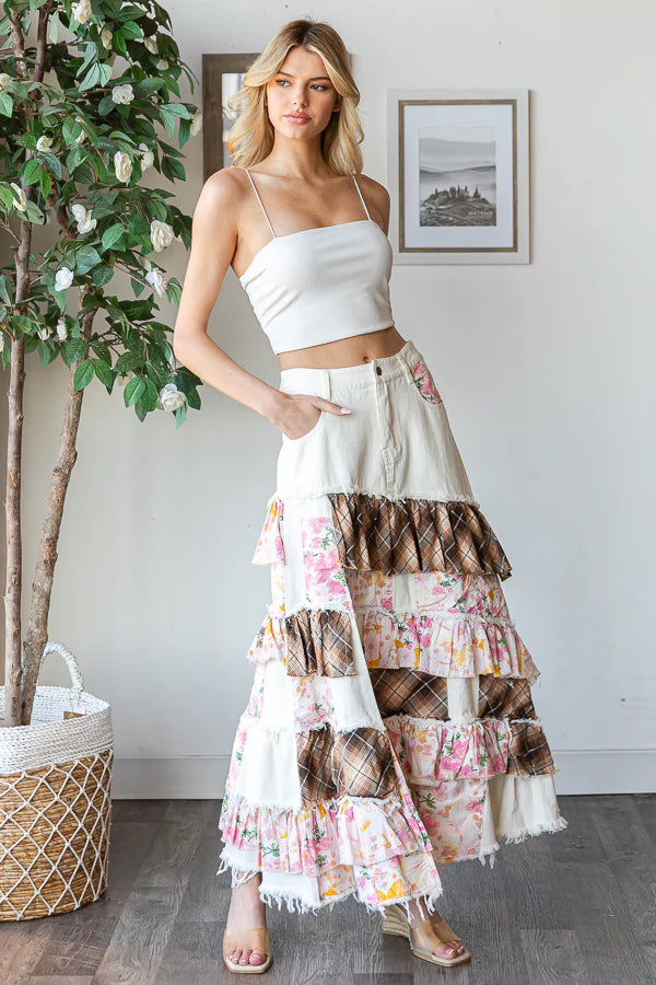 WASHED PLAID FLOWER PATCHWORK MAXI SKIRT >> WITH SPLIT