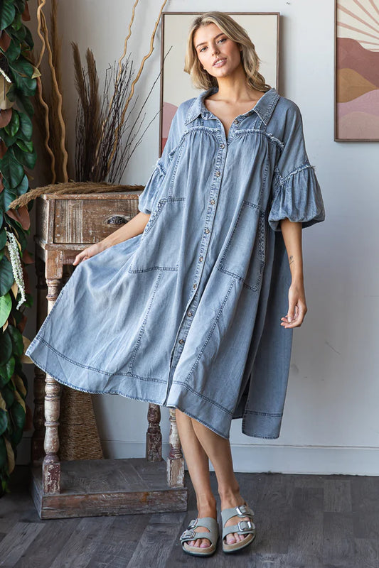 BUBBLE SHORT SLEEVE TENCEL SHIRT MIDI DRESS