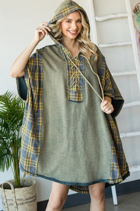 MIX MEDIA PLAID DETAIL OVERSIZED TUNIC TOP