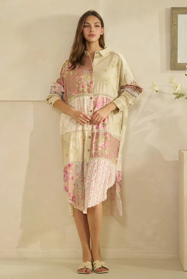 MULTI PRINT PIECED LONG SHIRTS