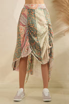 CINCHED PIECED PRINT MIDI SKIRT
