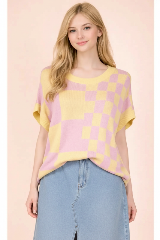Pastel checkerboard knit top styled with a light-wash denim skirt