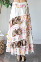 WASHED PLAID FLOWER PATCHWORK MAXI SKIRT >> WITH SPLIT