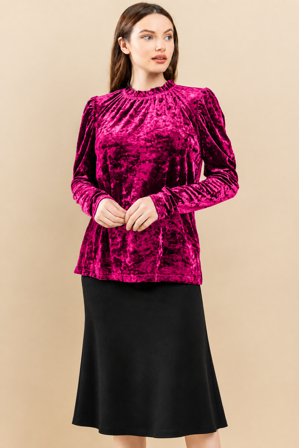 Velvet Gathered-Neck Long-Sleeve Top