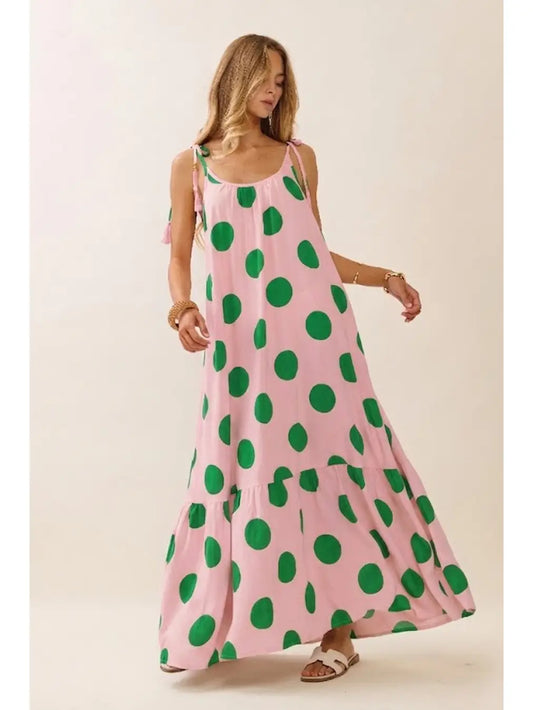 Pink & Green Polka Dot Tie-Strap Maxi Dress