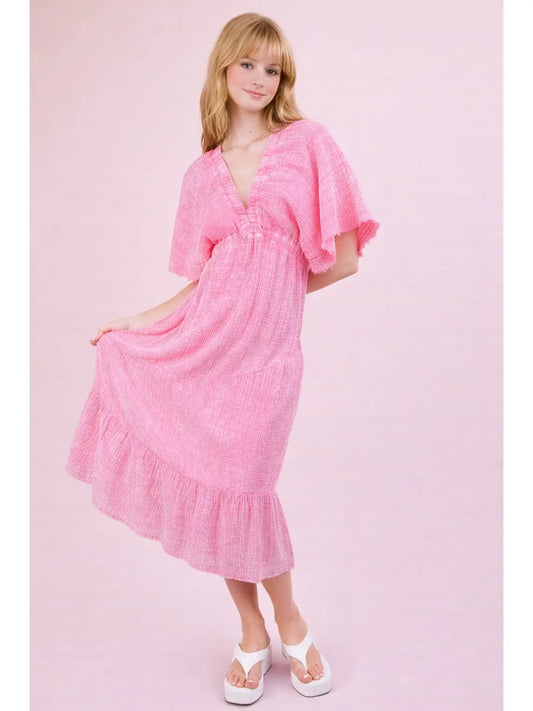 Textured Ruched V-Neck Tiered Midi Dress