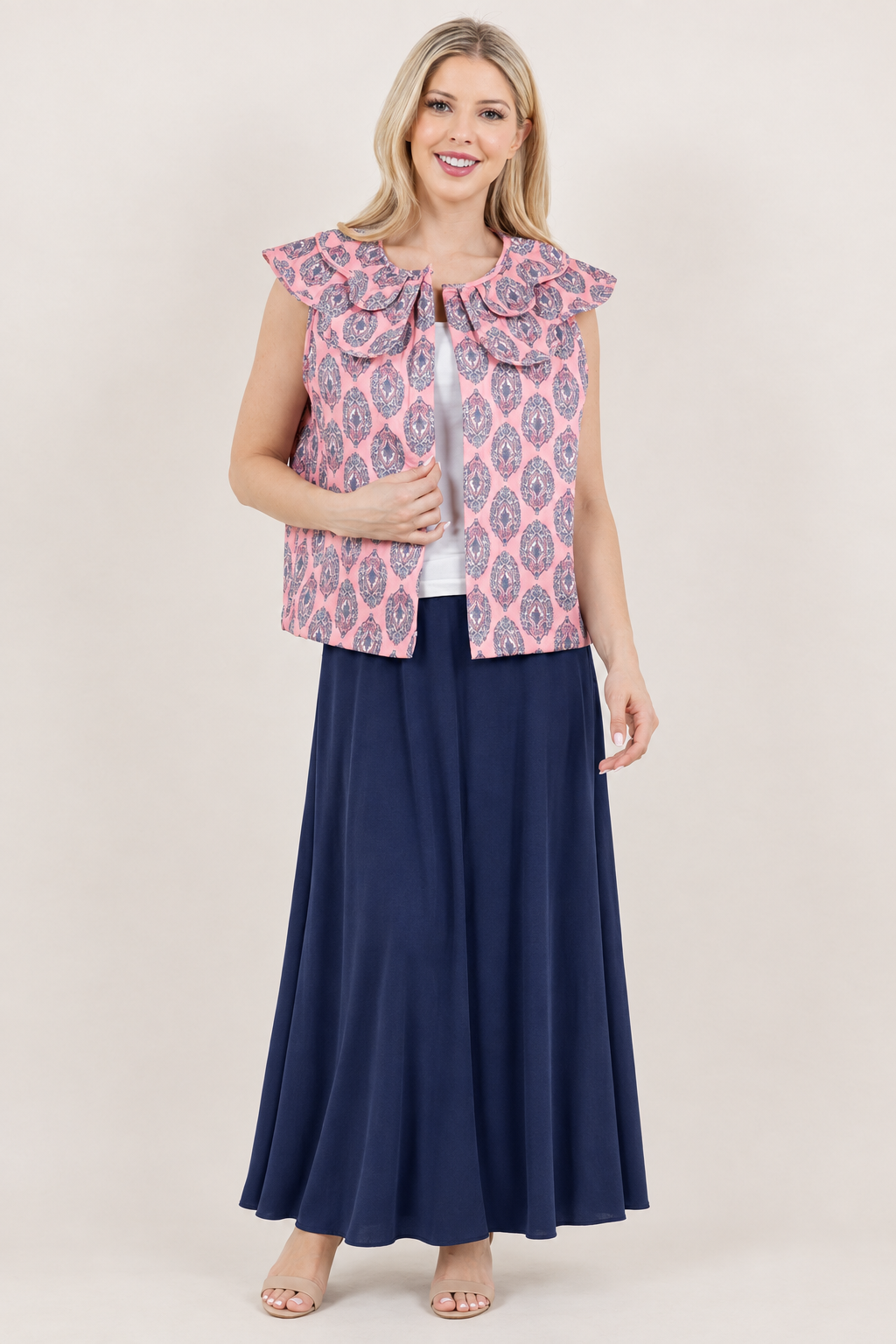 Pink Medallion Print Ruffle-Front Blouse