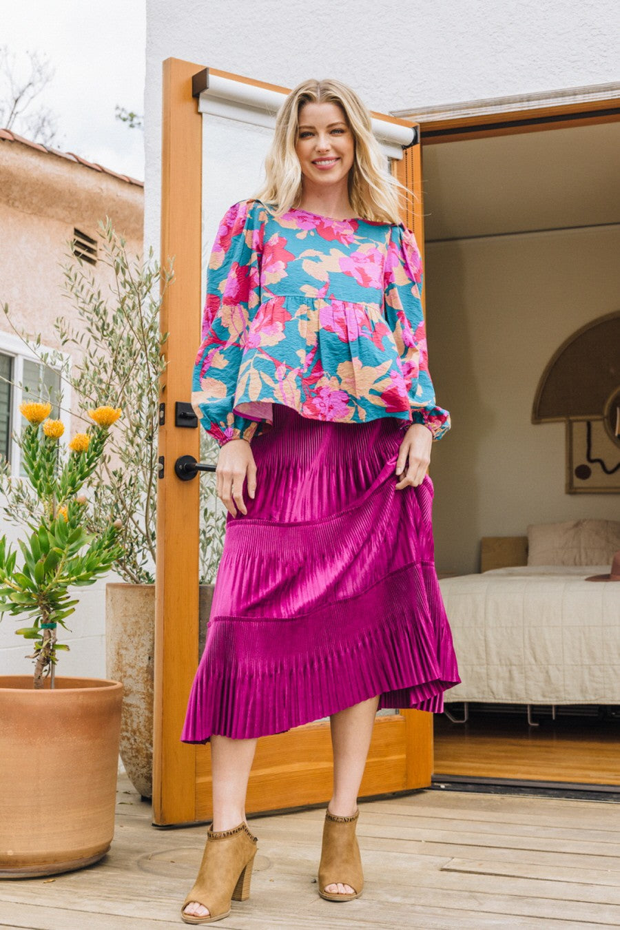 Tiered Pleated Satin Midi Skirt
