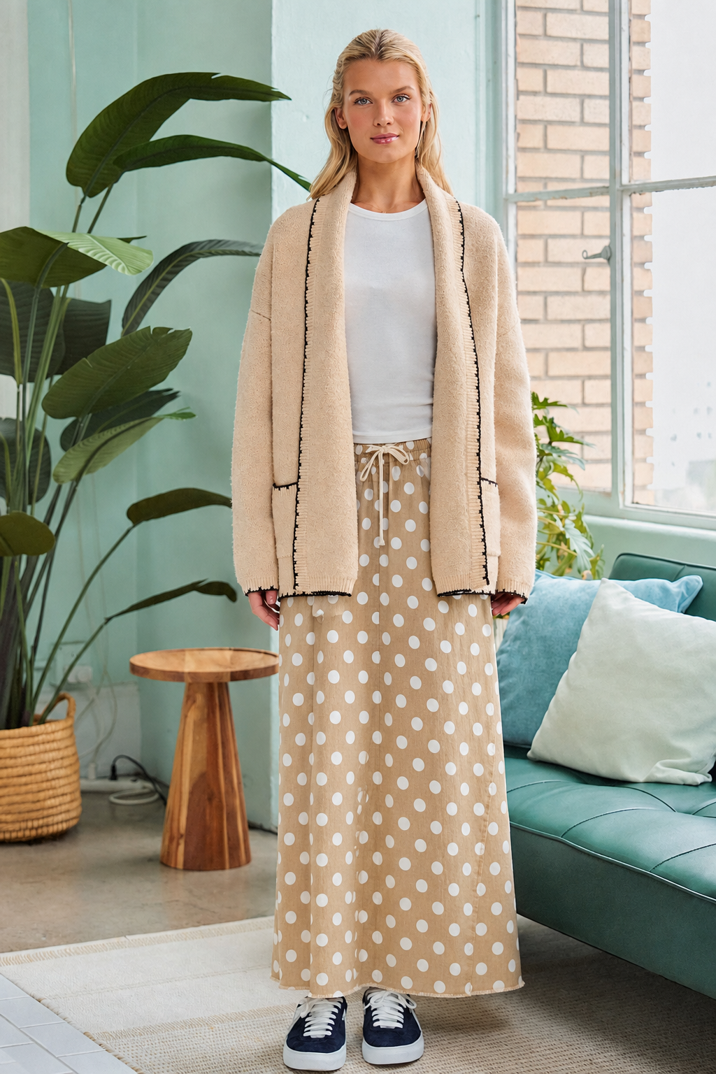 Dachshund Oversized Knit Cardigan in Beige