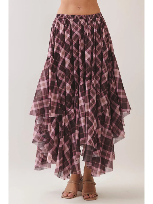 Plum Plaid Layered Maxi Skirt