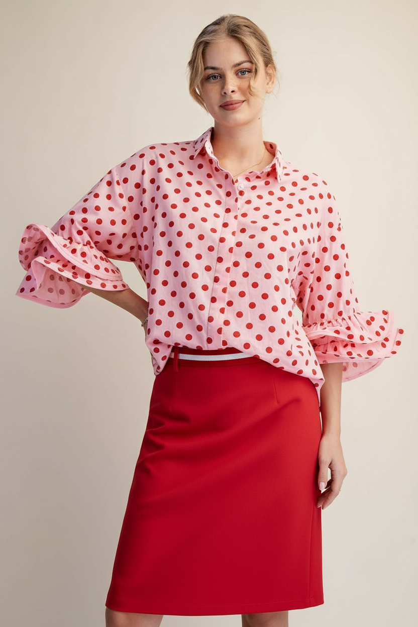 Rosy Red Dot Ruffle-Sleeve Blouse