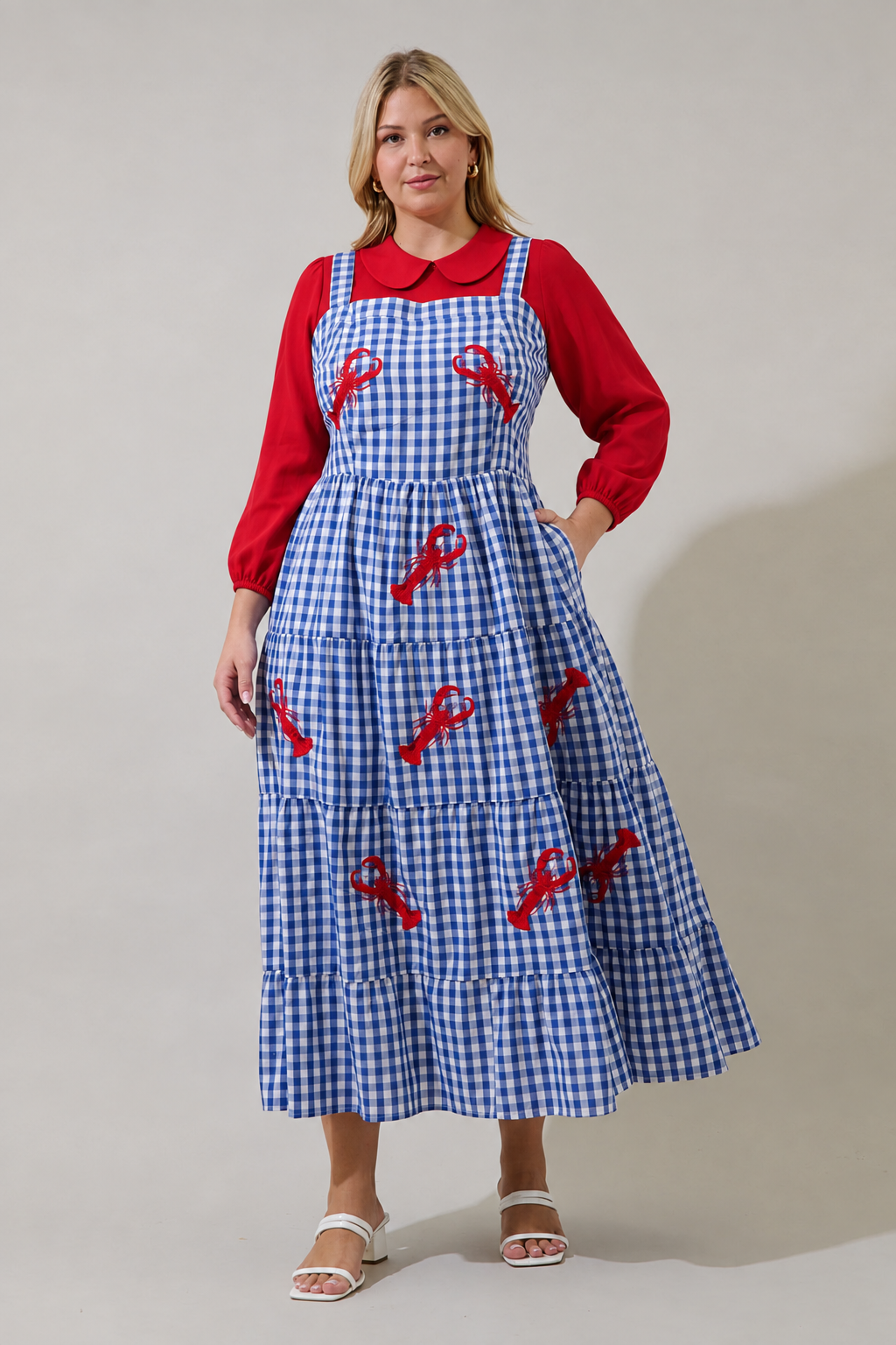 Lobster Embroidered Blue Gingham Tiered Maxi Dress