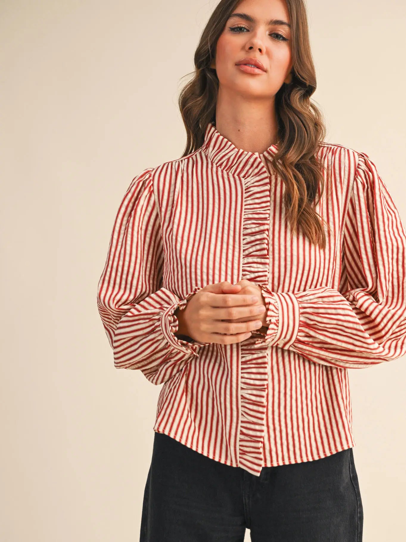 Red Stripe Ruffle Trim Puff Sleeve Button-Down Blouse
