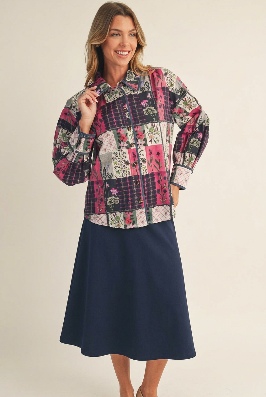 Rosewood Patchwork Button-Up Blouse