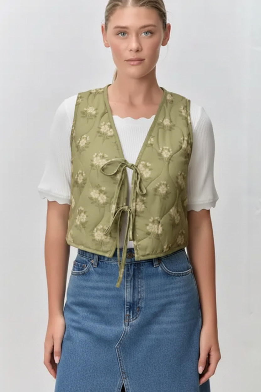 Sage floral vest styled with a denim skirt