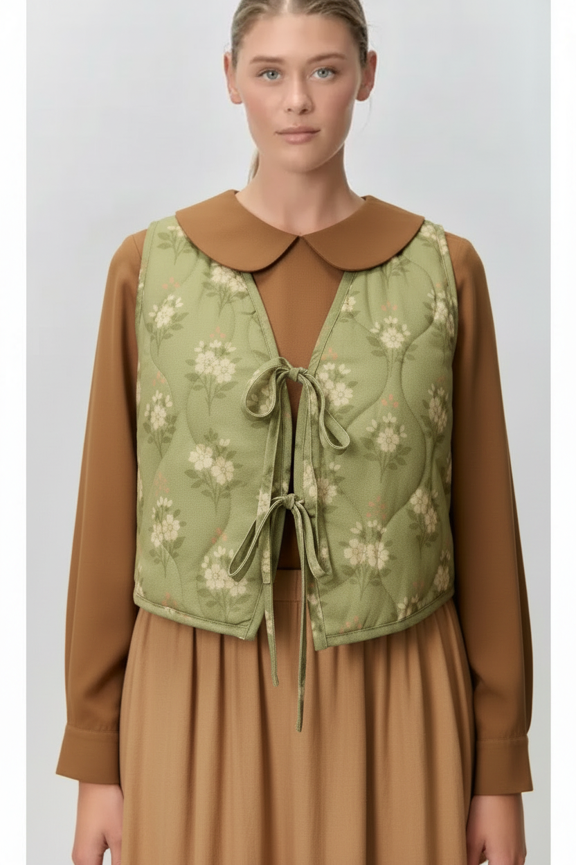 Sage floral vest with tan skirt and brown Peter Pan-collar blouse