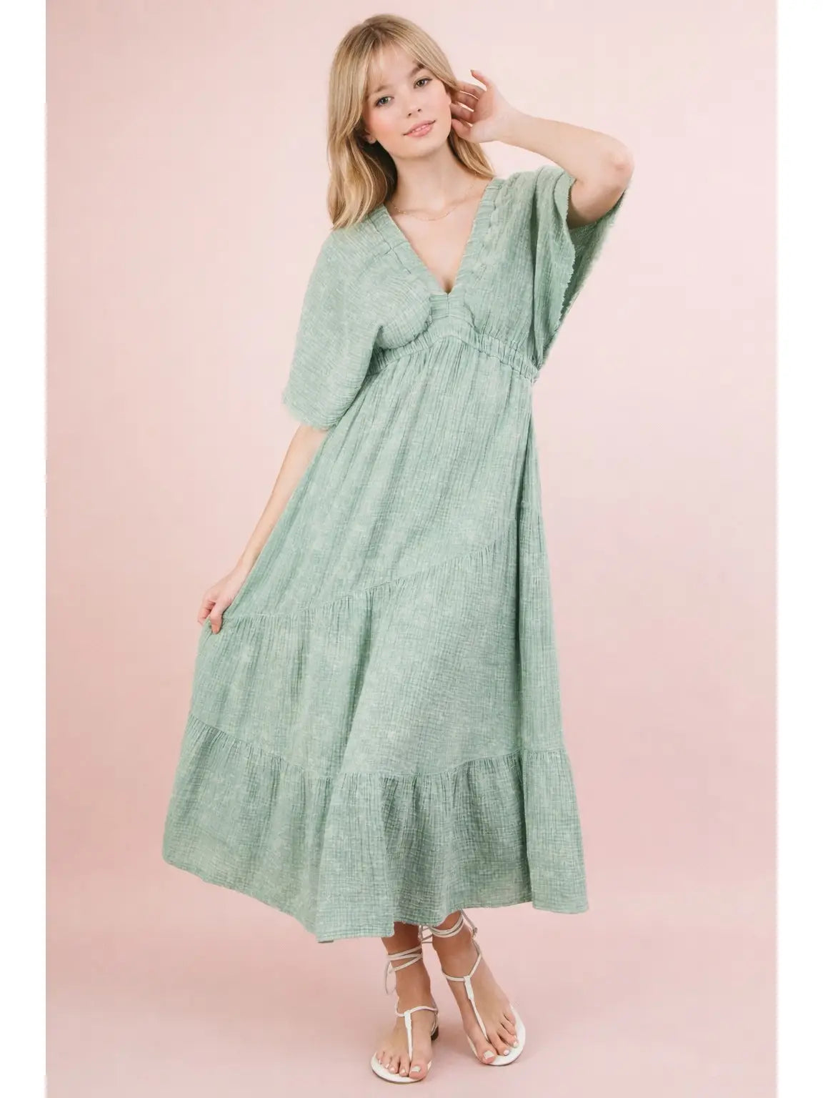 Textured Ruched V-Neck Tiered Midi Dress