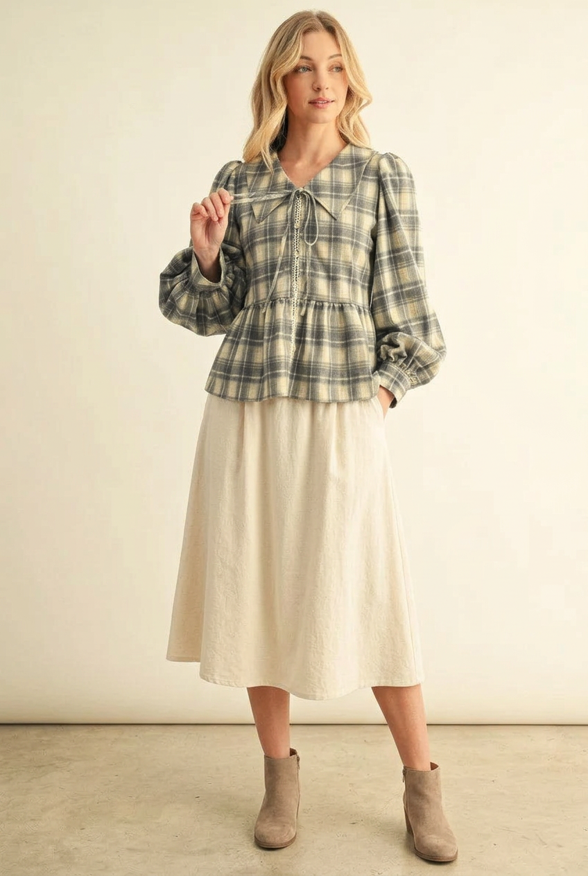 Harvest Charm Plaid Tie-Front Peplum Top