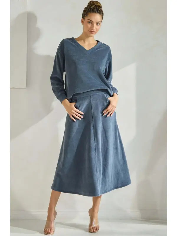 Steel Blue V-Neck & Midi Skirt Set
