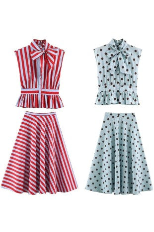 Bow-Tie Blouse & A-Line Midi Skirt Set in two colors