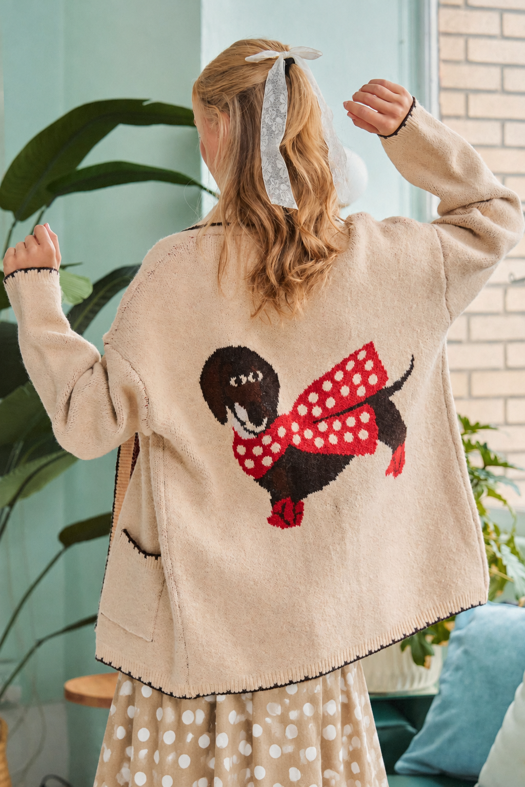 Dachshund Oversized Knit Cardigan in Beige