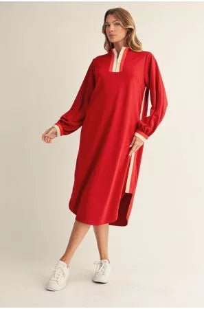 Red Contrast-Trim Long Sleeve Midi Dress