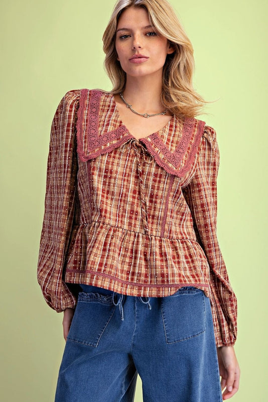 Plaid Lace-Collar Peplum Blouse
